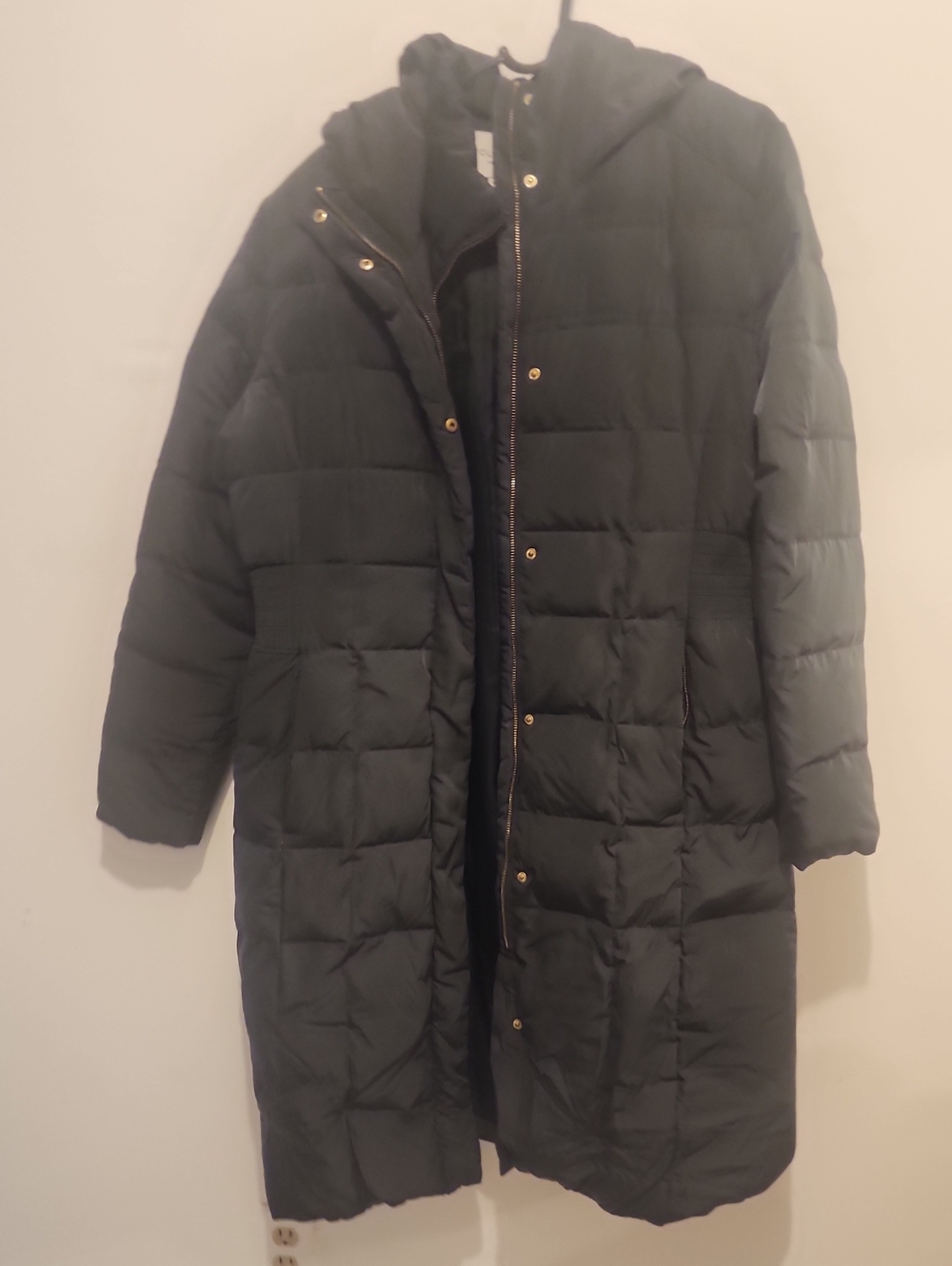 Cole Haan Black Long Quilted Hooded Puffer Coat